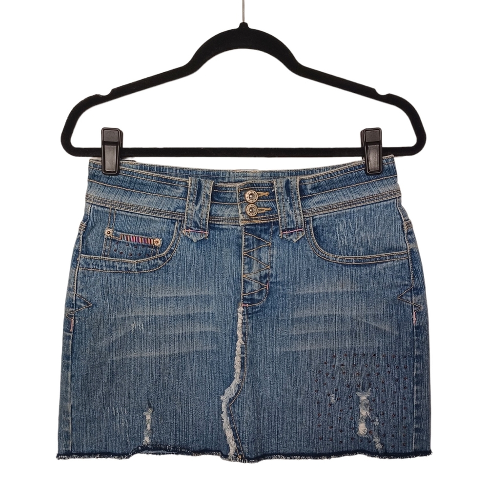 Y2K R4R RAVE JEANS Purple Beaded Distressed Raw Hem Jean Denim Skirt 7